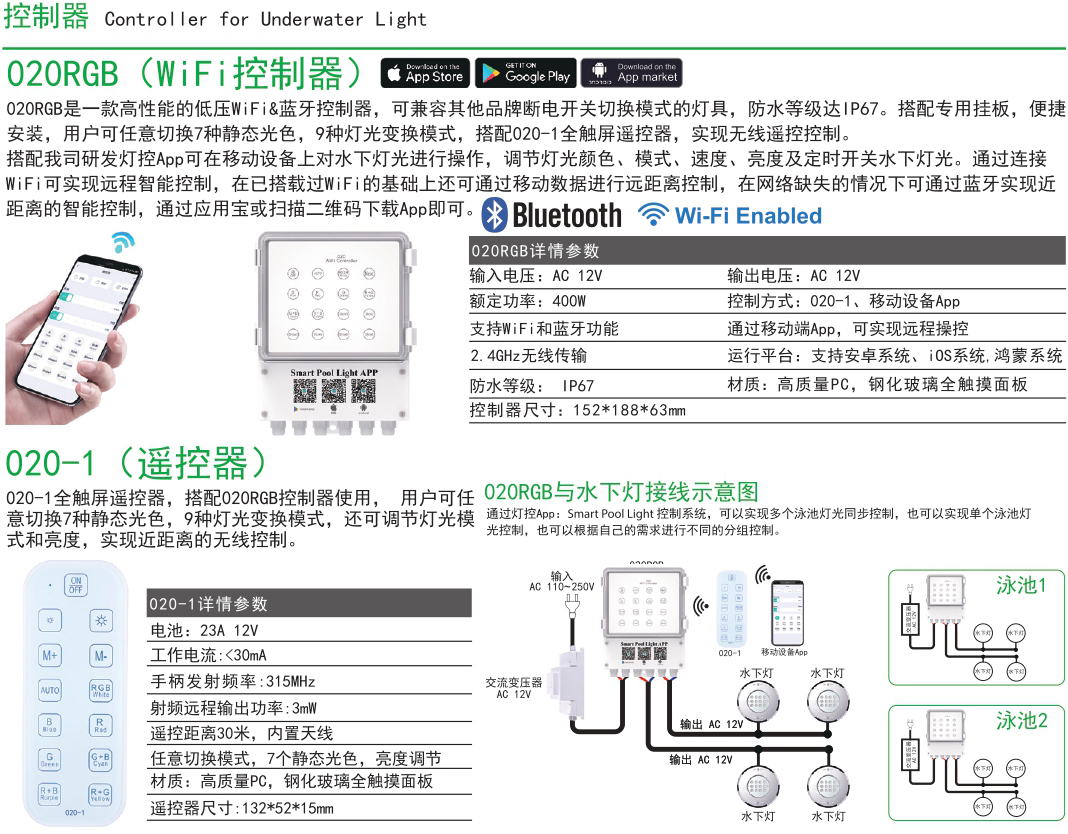HJ-0020 水下泳池?zé)艄饪刂破鬟b控器藍(lán)牙WiFi手機(jī)APP調(diào)光